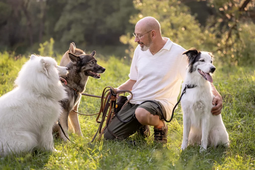 Gassiservice Landshut – Glückliche Hunde umringen ihren professionellen Hundesitter Mario
